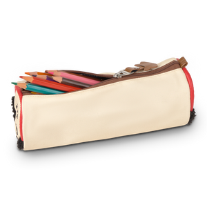 
                  
                    Beige pencil case with colorful pencils on a white background
                  
                