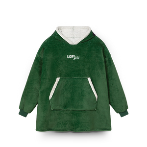 
                  
                    Green fleece poncho with white lining and 'LOFT girl' branding on a white background
                  
                