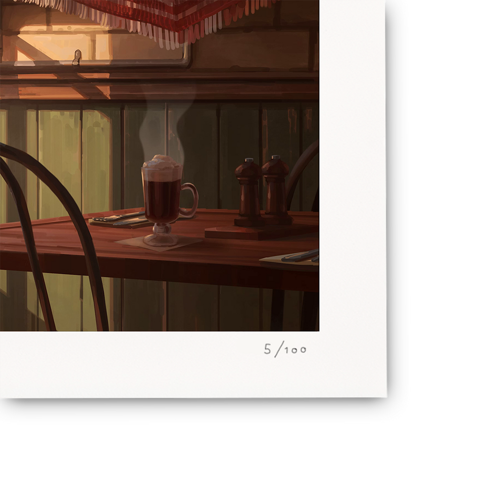 
                  
                    Steaming cup of coffee on a wooden table with a warm glow, possibly from a sunset or sunrise.
                  
                
