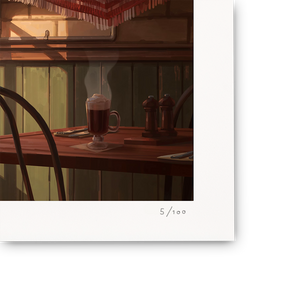 
                  
                    Steaming cup of coffee on a wooden table with a warm glow, possibly from a sunset or sunrise.
                  
                