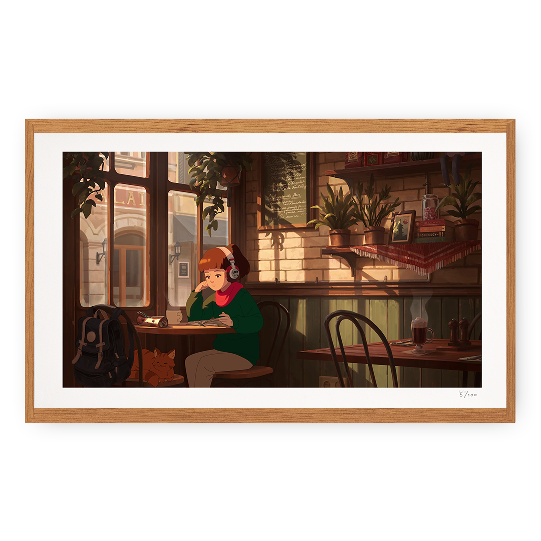 Framed artwork of a woman sitting at a table in a cozy café.