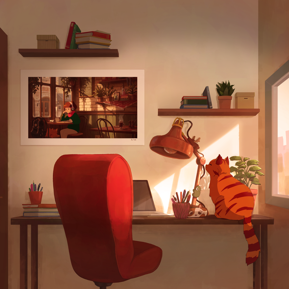 
                  
                    A digital illustration showcasing a cozy desk setup bathed in warm sunlight. A red chair is placed at the wooden desk, accompanied by a vintage lamp, stationery, and potted plants. A framed print of Lofi Girl at a café is mounted on the wall above the desk. A playful orange-striped cat sits on the desk, gazing outside the window, adding a touch of warmth and life to the serene workspace. Shelves with books and greenery complete the ambiance.
                  
                