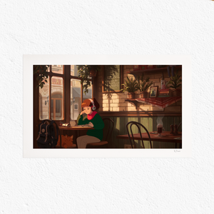 
                  
                    A framed print of Lofi Girl at a café is mounted on the wall above the desk. A playful orange-striped cat sits on the desk, gazing outside the window, adding a touch of warmth and life to the serene workspace. Shelves with books and greenery complete the ambiance.
                  
                