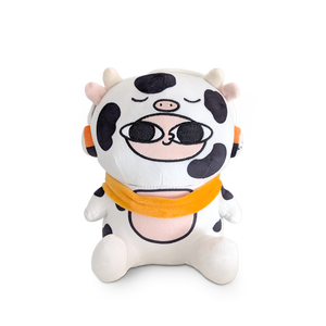 
                  
                    Plush toy cow with sunglasses and an orange bandana on a white background
                  
                