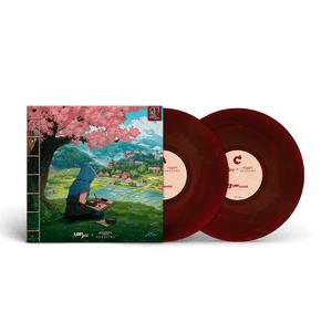Vinyl records with a colorful cover featuring a person under cherry blossoms.