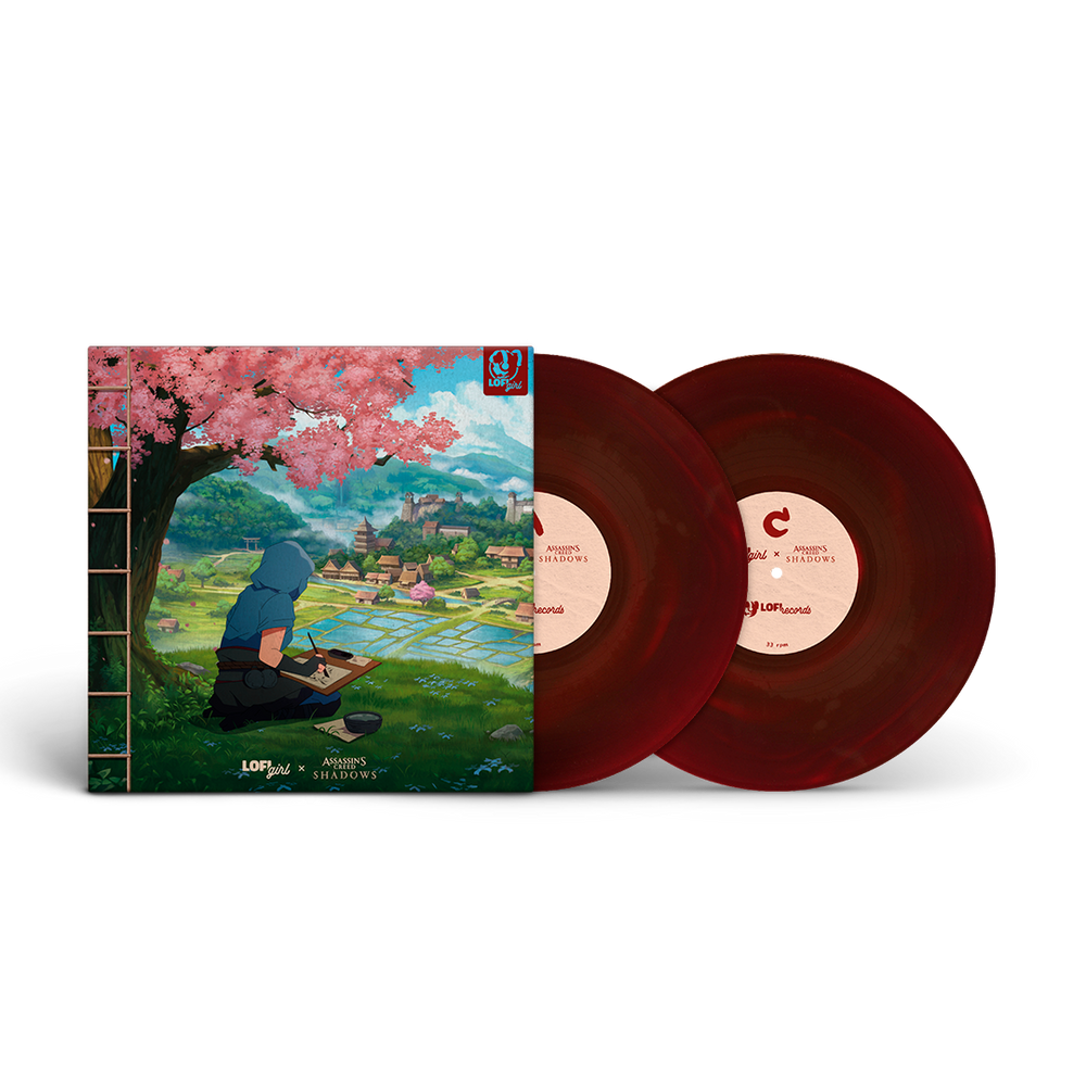 Vinyl records with a colorful cover featuring a person under cherry blossoms.