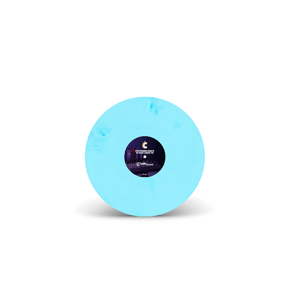 
                  
                    Light blue vinyl record with a label on a white background
                  
                