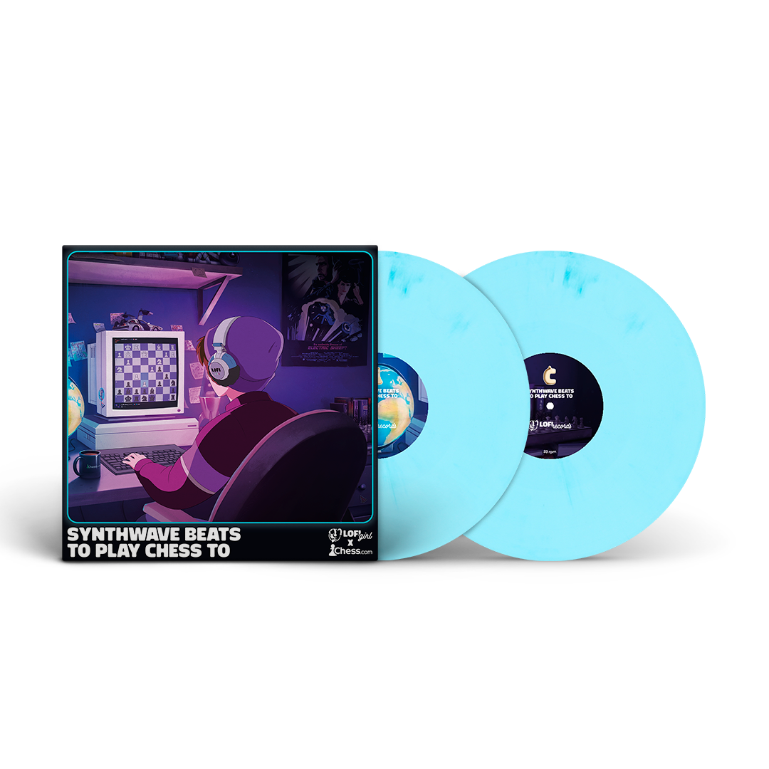 Vinyl record with a cover featuring a person playing chess and text 'Synthwave Beats to Play Chess To'.