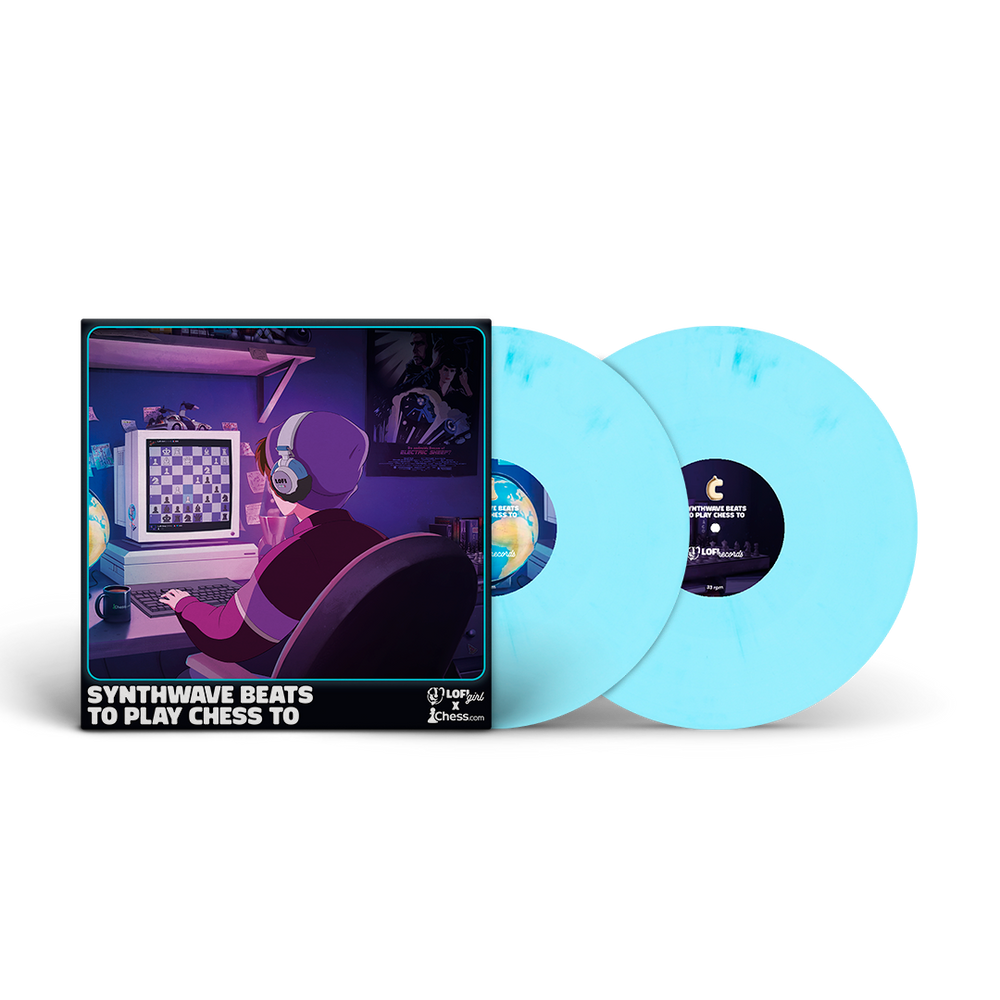 Vinyl record with a cover featuring a person playing chess and text 'Synthwave Beats to Play Chess To'.