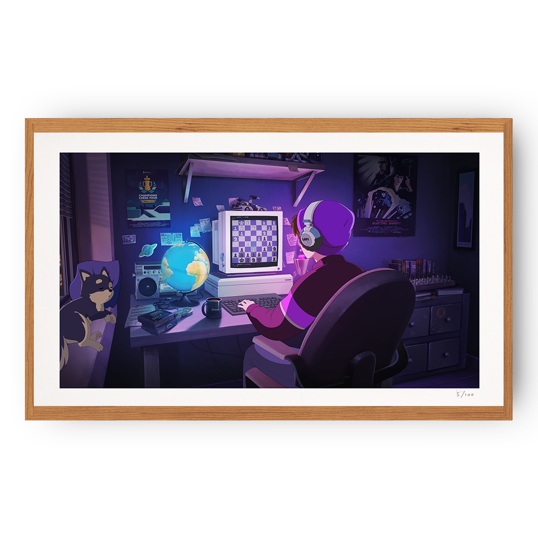 Illustration of a person sitting at a desk with a computer in a room with a dog on a chair.