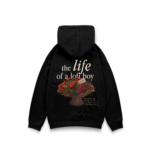 
                  
                    Black hoodie with a graphic design and text on the back against a white background
                  
                