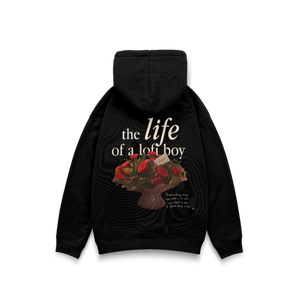 
                  
                    Black hoodie with a graphic design and text on the back against a white background
                  
                