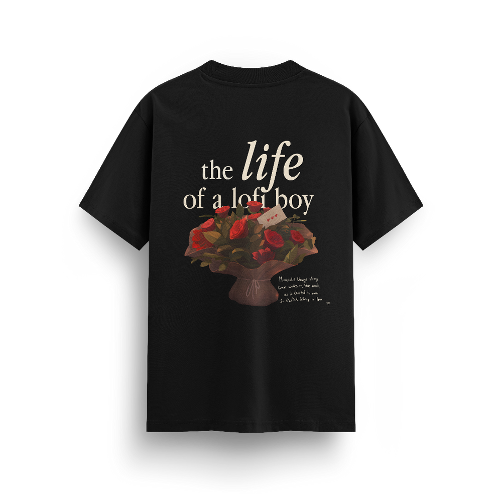 
                  
                    Black t-shirt with a graphic design and text on the back against a white background
                  
                