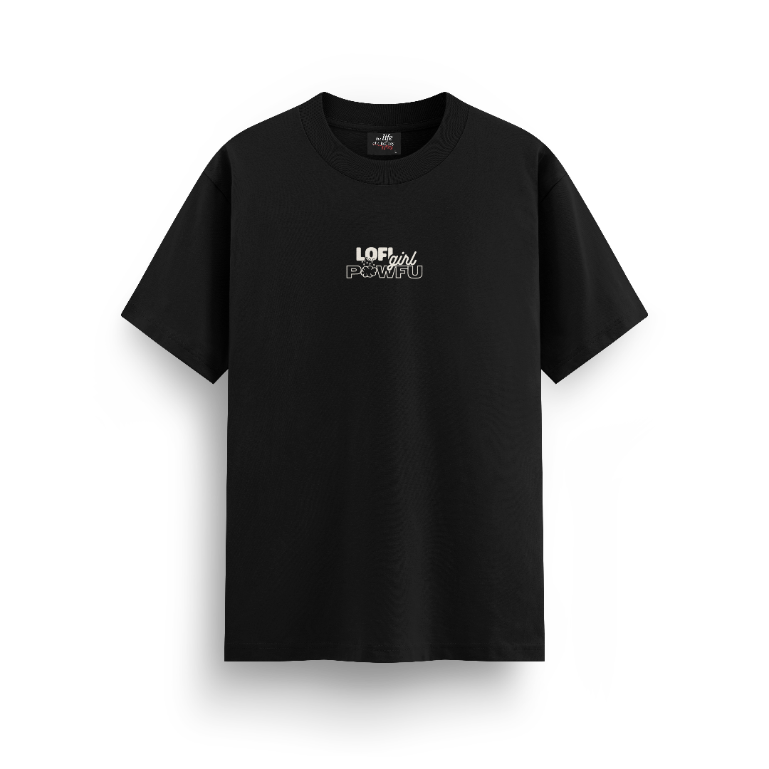 Black t-shirt with white text on a white background
