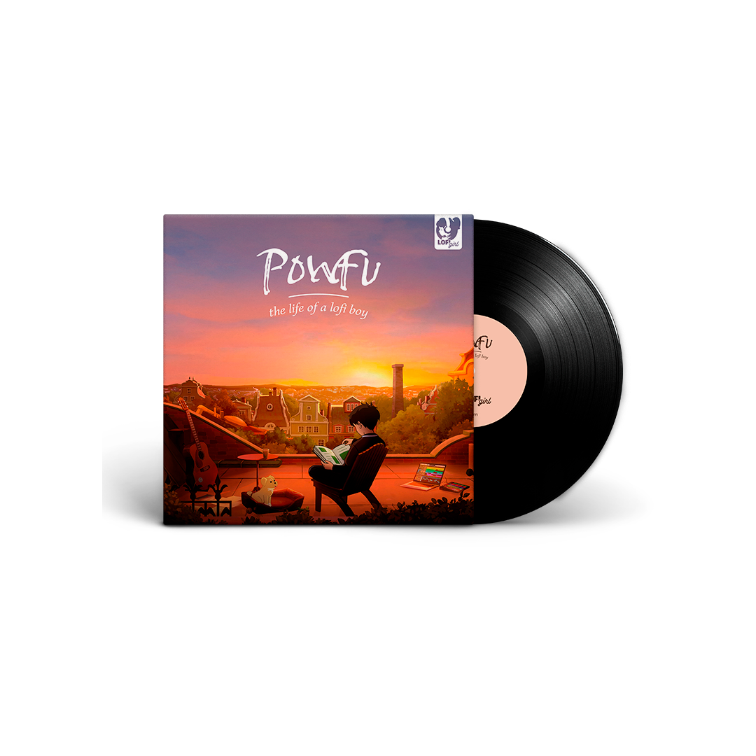 Vinyl record with a colorful cover featuring a silhouette of a person and the title 'POWfu'.