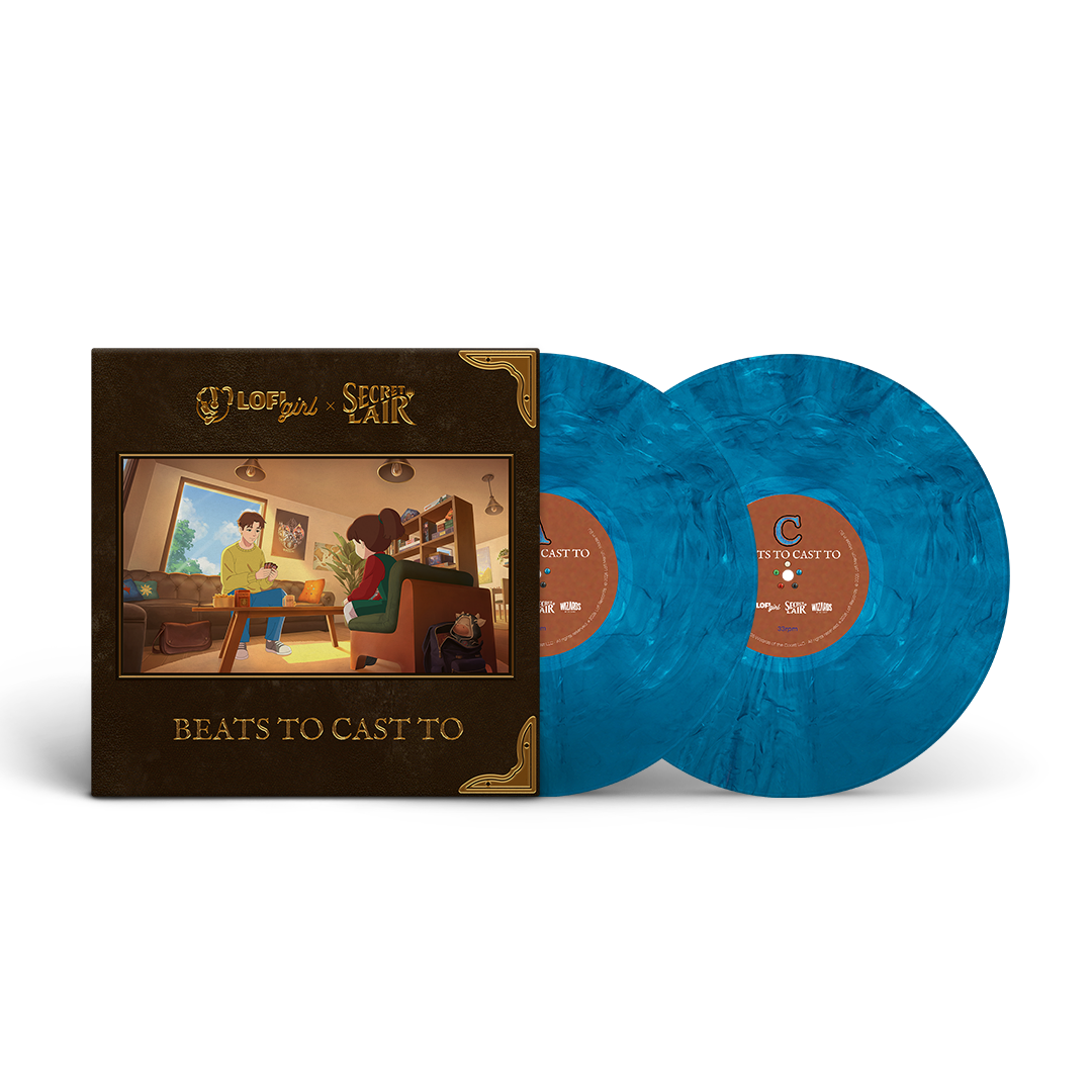 Lofi Girl x Secret Lair vinyl record package shown on a black background, featuring a square album cover with an illustrated scene and two translucent marbled blue records partially pulled out.  Mentionning the collab between Lofi Girl and Secret Lair