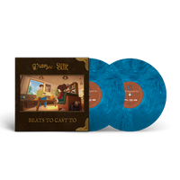 Lofi Girl x Secret Lair vinyl record package shown on a black background, featuring a square album cover with an illustrated scene and two translucent marbled blue records partially pulled out.  Mentionning the collab between Lofi Girl and Secret Lair