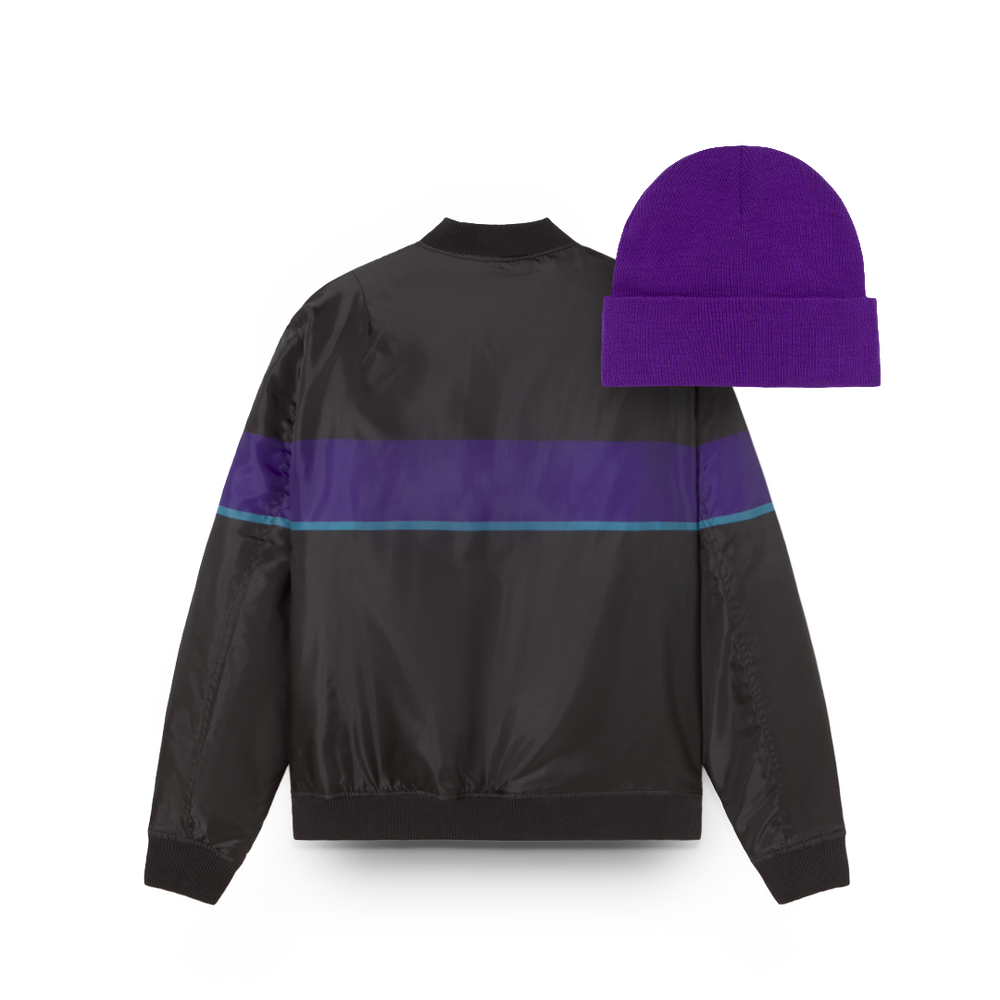 
                  
                    Black jacket with purple stripe and purple beanie on a white background
                  
                