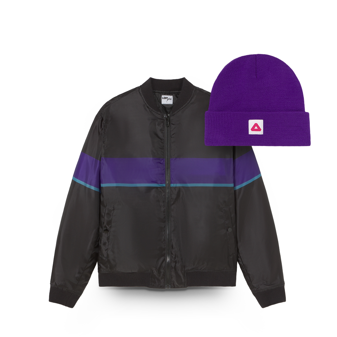 Black jacket with purple and blue stripes and a purple beanie on a white background