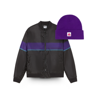 
                  
                    Black jacket with purple and blue stripes and a purple beanie on a white background
                  
                