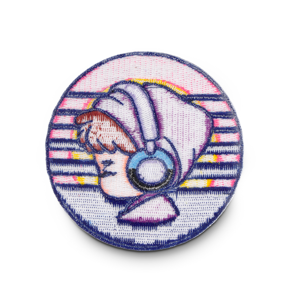 
                  
                    Circular patch with a cartoon character wearing headphones on a white background
                  
                