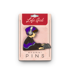 
                  
                    Enamel pin of a person with headphones and a book, on a 'Lofi Girl' branded card.
                  
                
