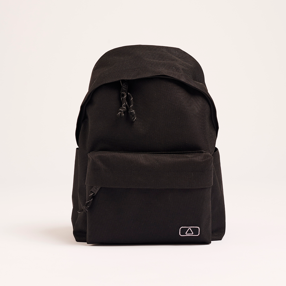 A black Lofi Boy backpack viewed from the front, with a simple design and a small embroidered logo on the front pocket.