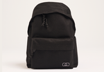 A front view of a simple black backpack with a small white Lofi Girl logo on the front pocket, against a plain background.