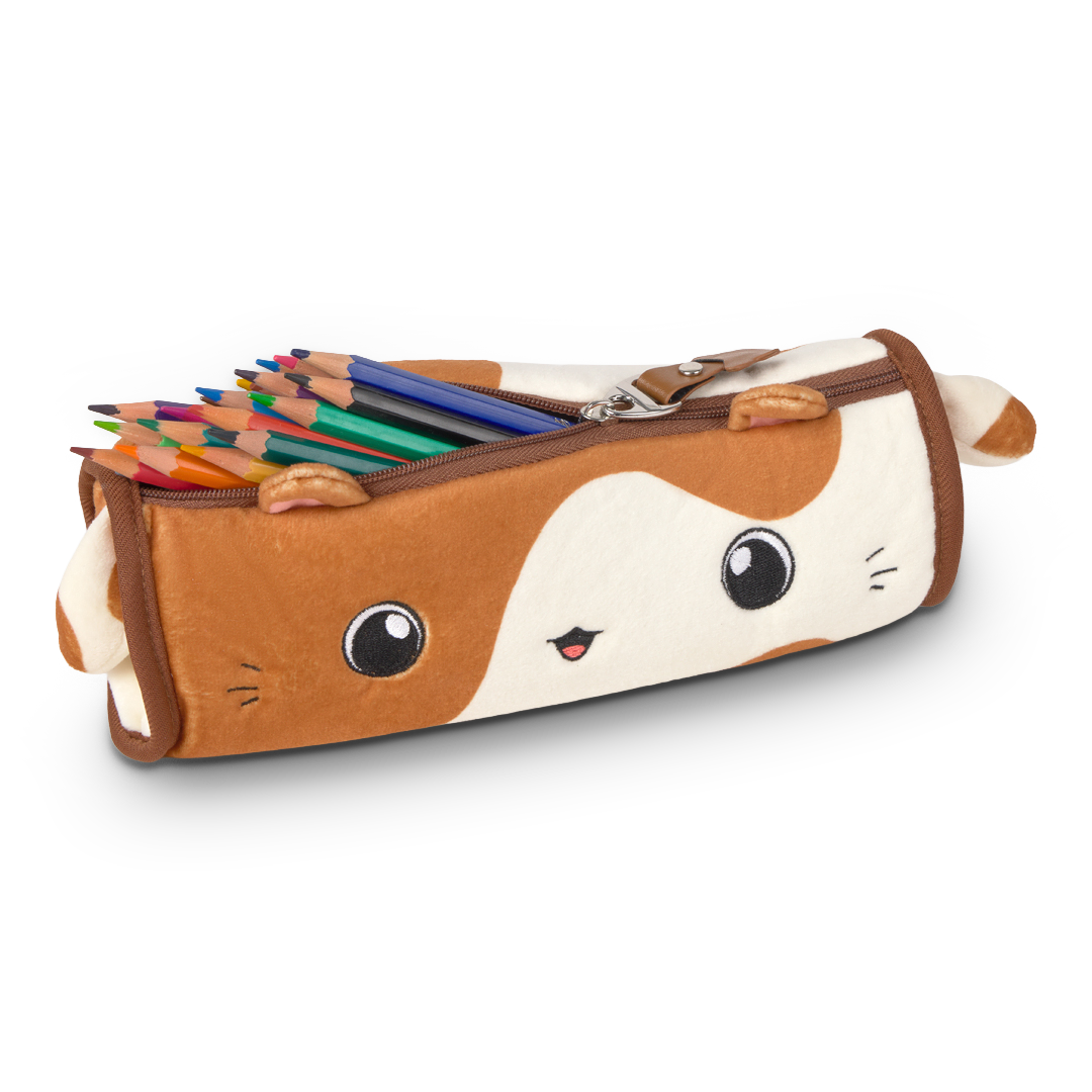 Pencil case shaped like a guinea pig with colored pencils on a white background