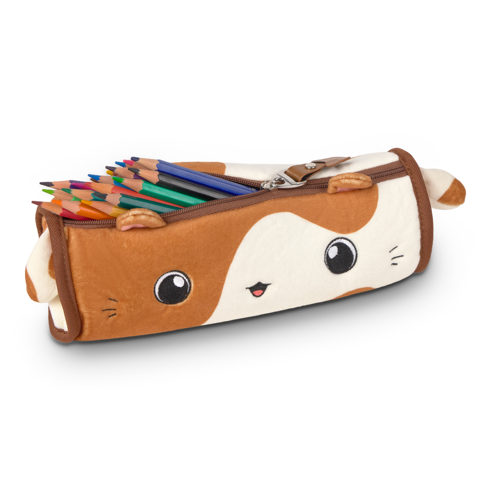 Pencil case shaped like a guinea pig with colored pencils on a white background