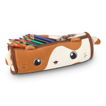 Pencil case shaped like a guinea pig with colored pencils on a white background