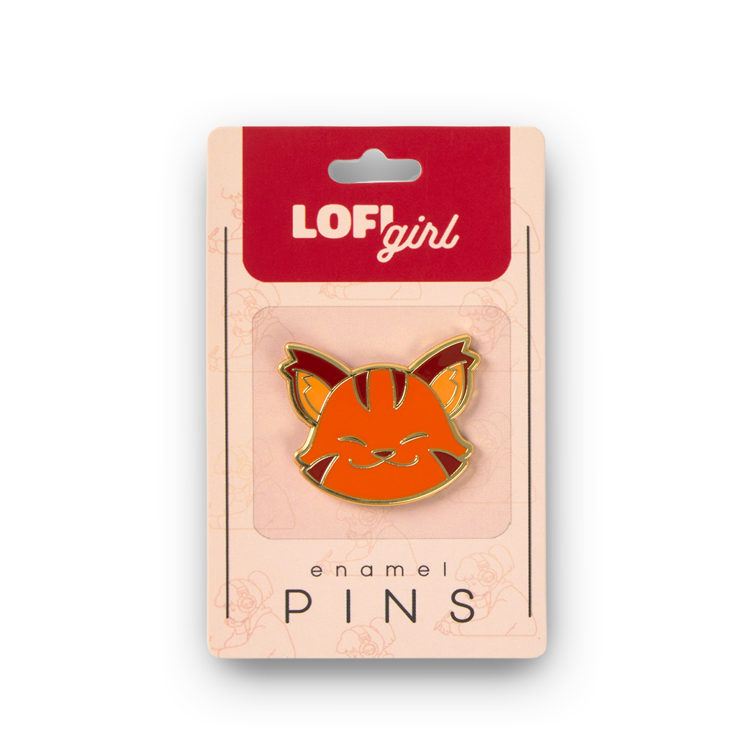 Enamel pin of a fox face in packaging with 'LOFI girl' branding on a white background