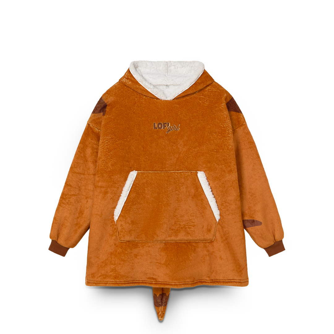 Brown fleece poncho with white lining on a white background
