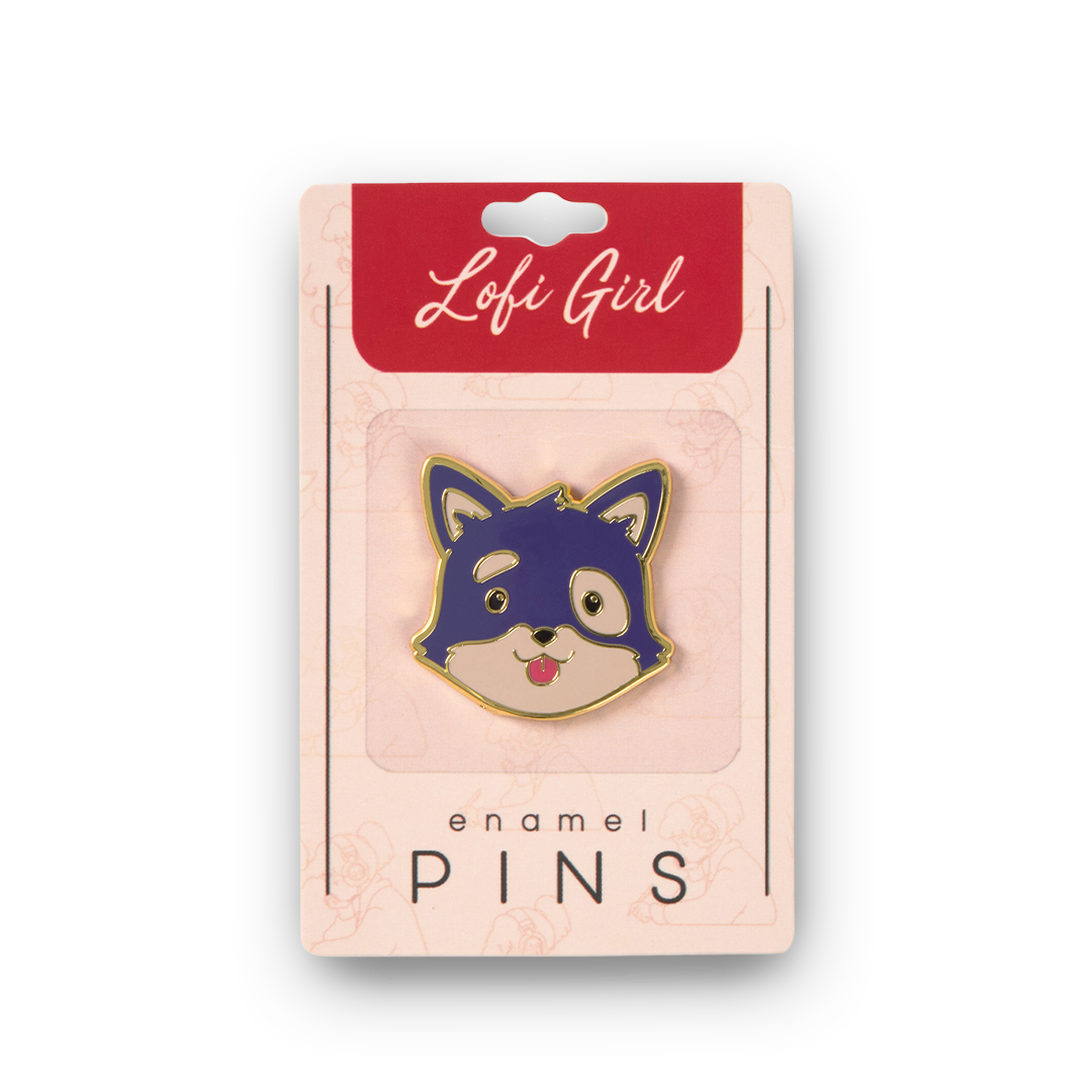 Enamel pin with a dog design in packaging labeled 'Lofi Girl'.