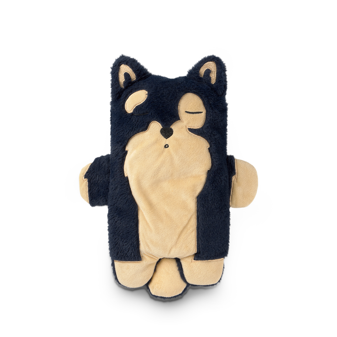 Plush toy shaped like a fox with black fur and beige body on a white background