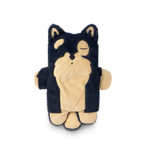 
                  
                    Plush toy shaped like a fox with black fur and beige body on a white background
                  
                