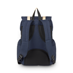 
                  
                    Navy blue backpack with black mesh panels on a white background
                  
                