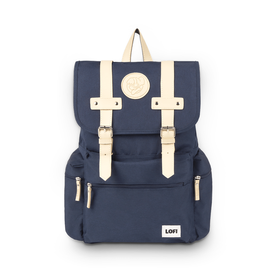 Navy blue backpack with beige straps on a white background