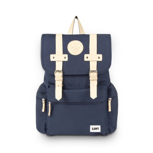 
                  
                    Navy blue backpack with beige straps on a white background
                  
                