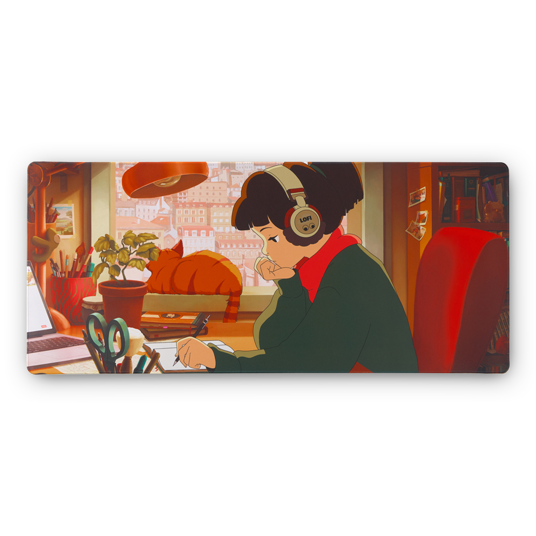 deskpad of a person wearing headphones in a cozy room with a laptop and plants.