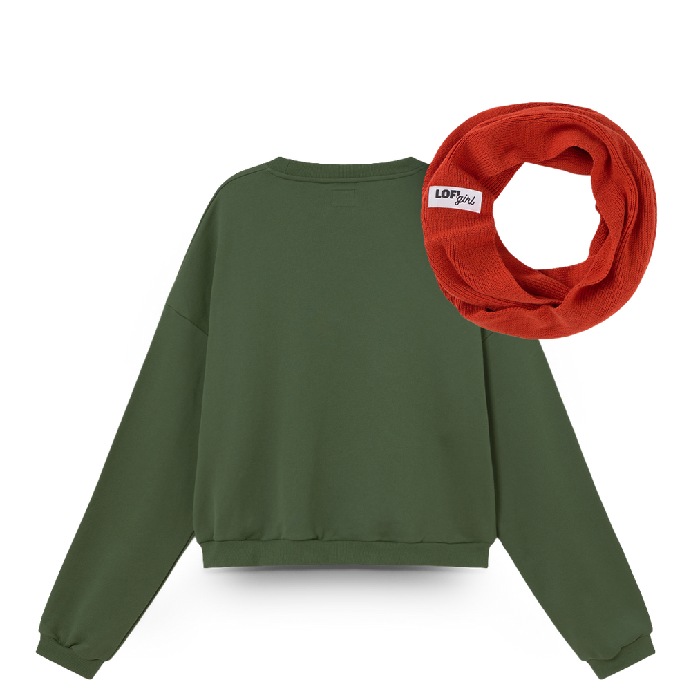 
                  
                    Green sweatshirt with a red scarf on a white background
                  
                