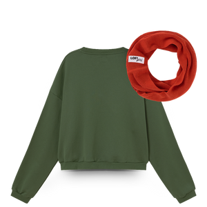 
                  
                    Green sweatshirt with a red scarf on a white background
                  
                