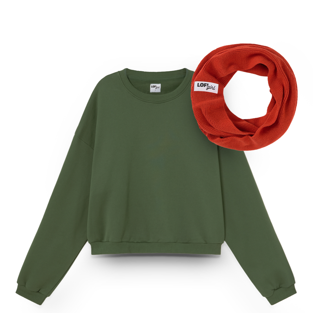 Green sweatshirt and red scarf with 'LOFI' label on a white background