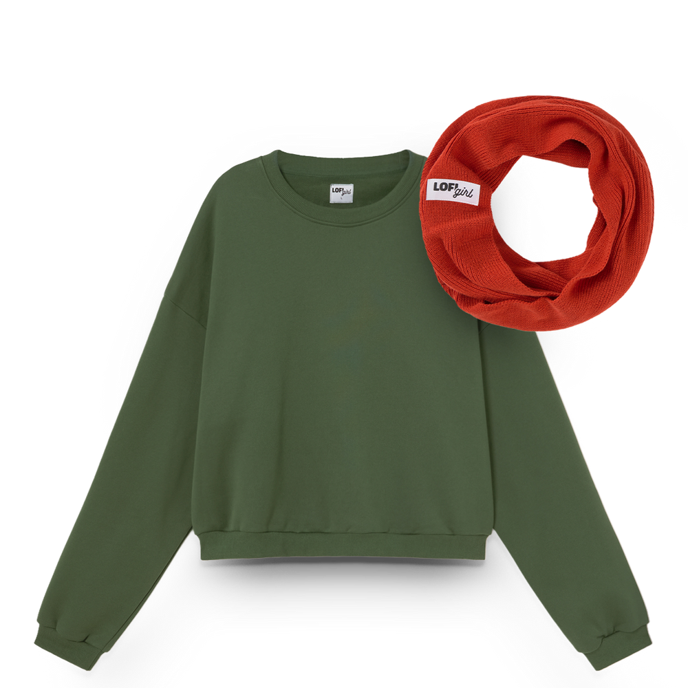 Green sweatshirt and red scarf with 'LOFI' label on a white background