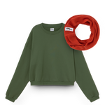 Green sweatshirt and red scarf with 'LOFI' label on a white background