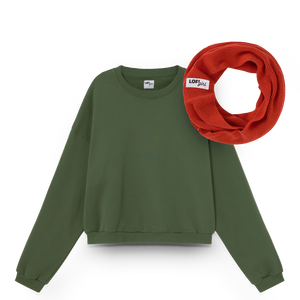 
                  
                    Green sweatshirt and red scarf with 'LOFI' label on a white background
                  
                