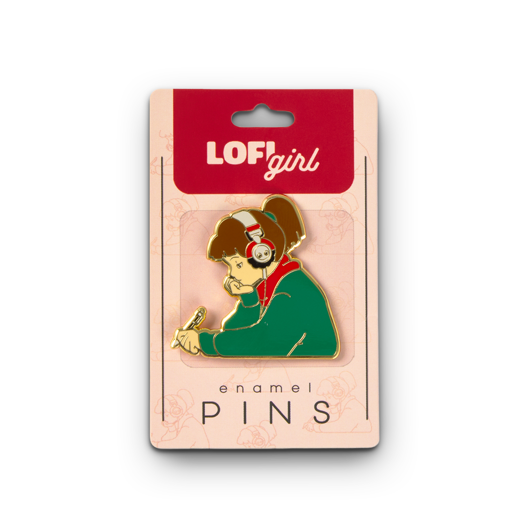 Enamel pin in packaging with 'LOFI girl' branding on a white background