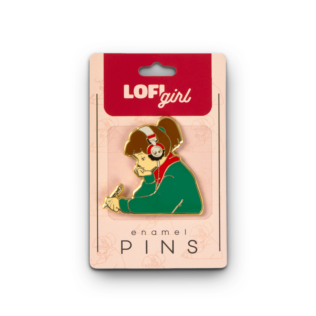 Enamel pin in packaging with 'LOFI girl' branding on a white background