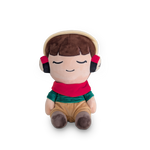 Plush toy with a child-like face wearing headphones on a white background