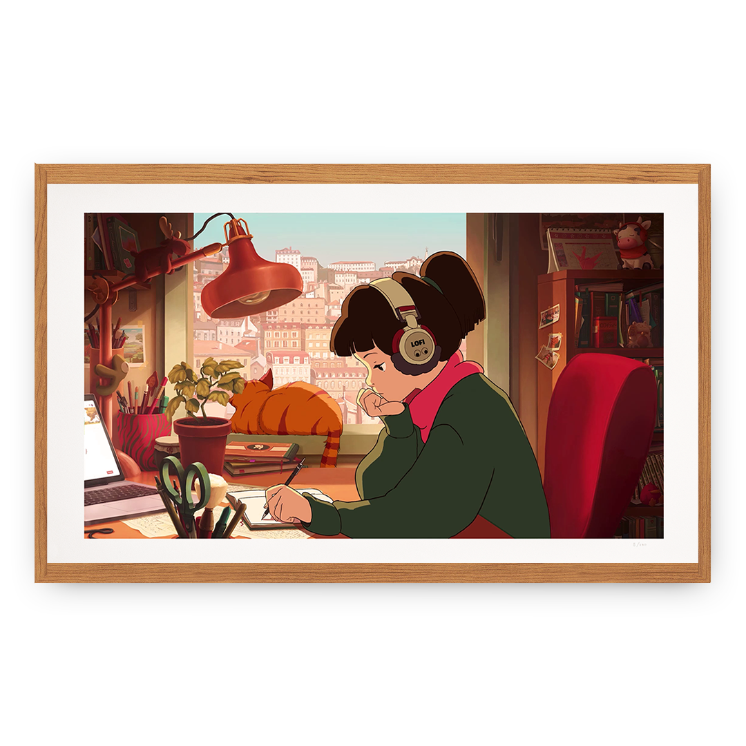 Illustration of a person sitting at a desk with a cat on the windowsill, framed in wood.